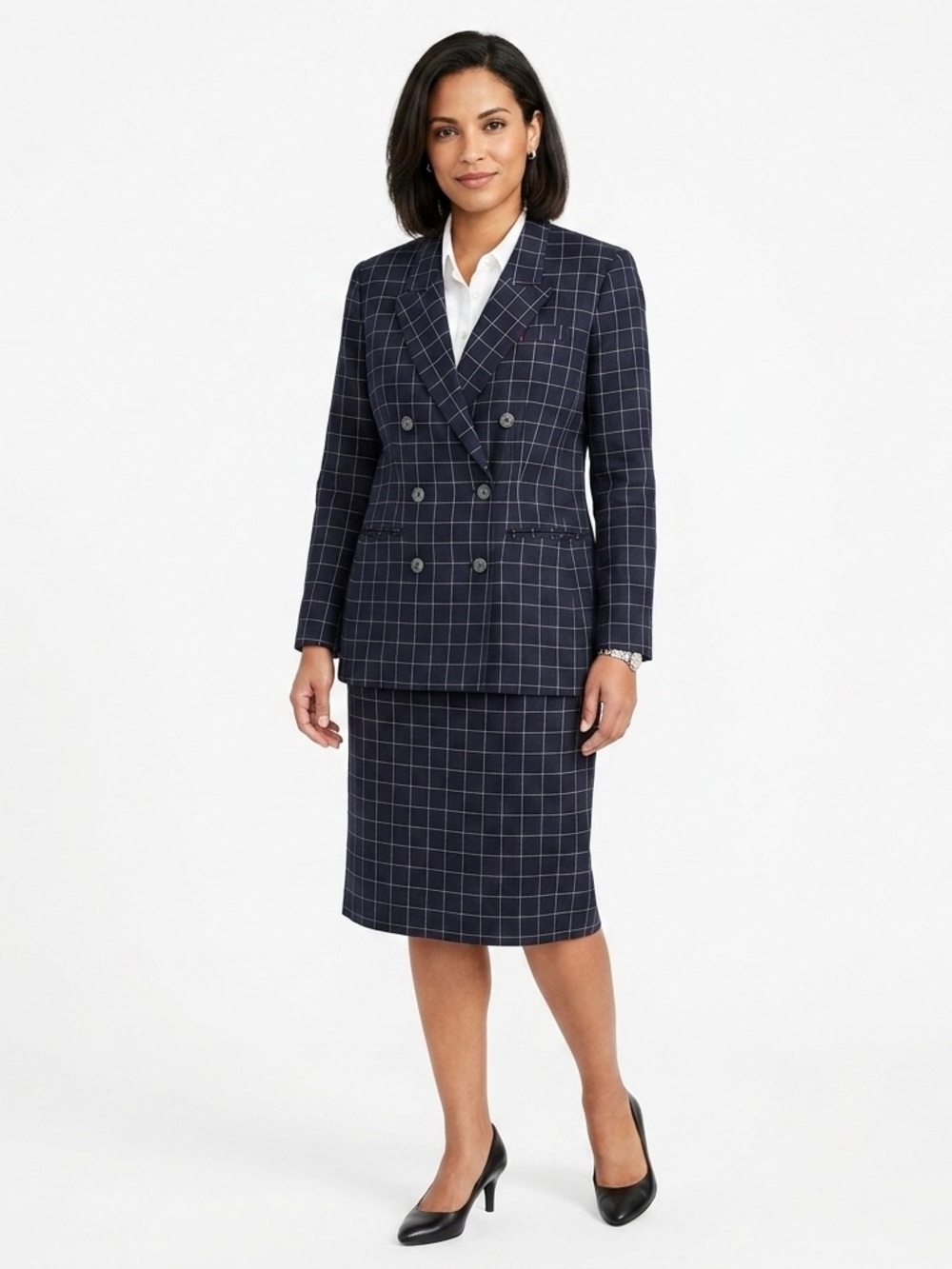 VTG Saks Fifth Avenue Folio Navy Windowpane Skirt Suit Set Linen Blend Size 10